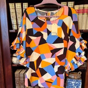 JODIFL Colorful Geometric Ruffle Sleeve Blouse